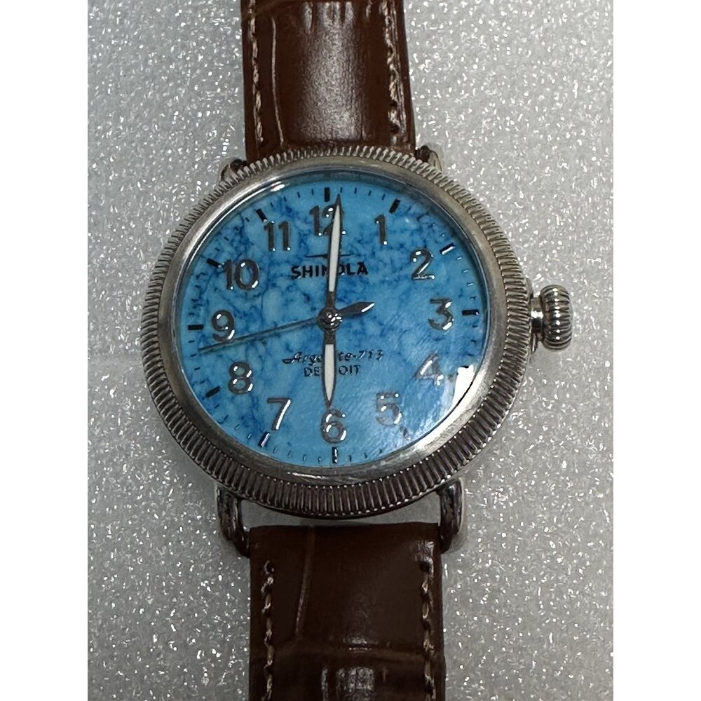Shinola Runwell Blue Marble Dial Leather Strap Analog Watch Precision Timekeepin